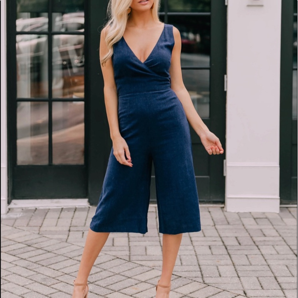 Bobi BLACK Label Revolve Navy Blue Indio Linen Blend Culotte Jumpsuit Small NWT